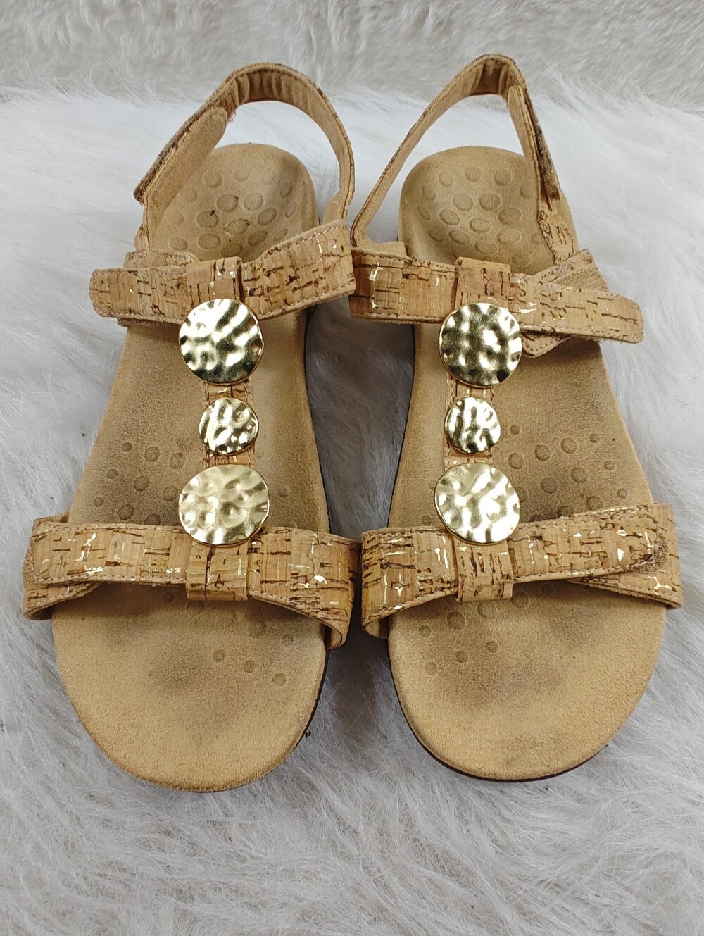 Vionic Farra Tan & Gold Multi-Strap Comfort Sandal  Gunmetal Accents Women's 9.5